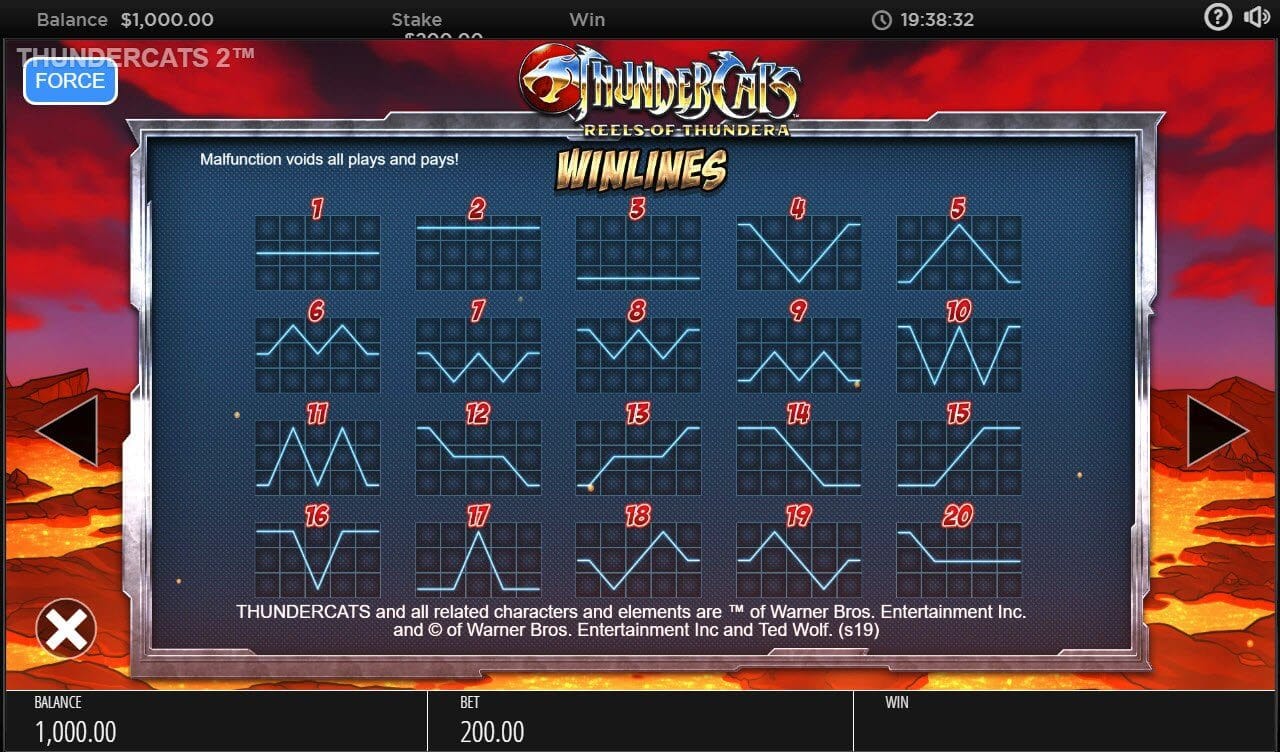 Thundercats Reels of Thundera Slot Paytable